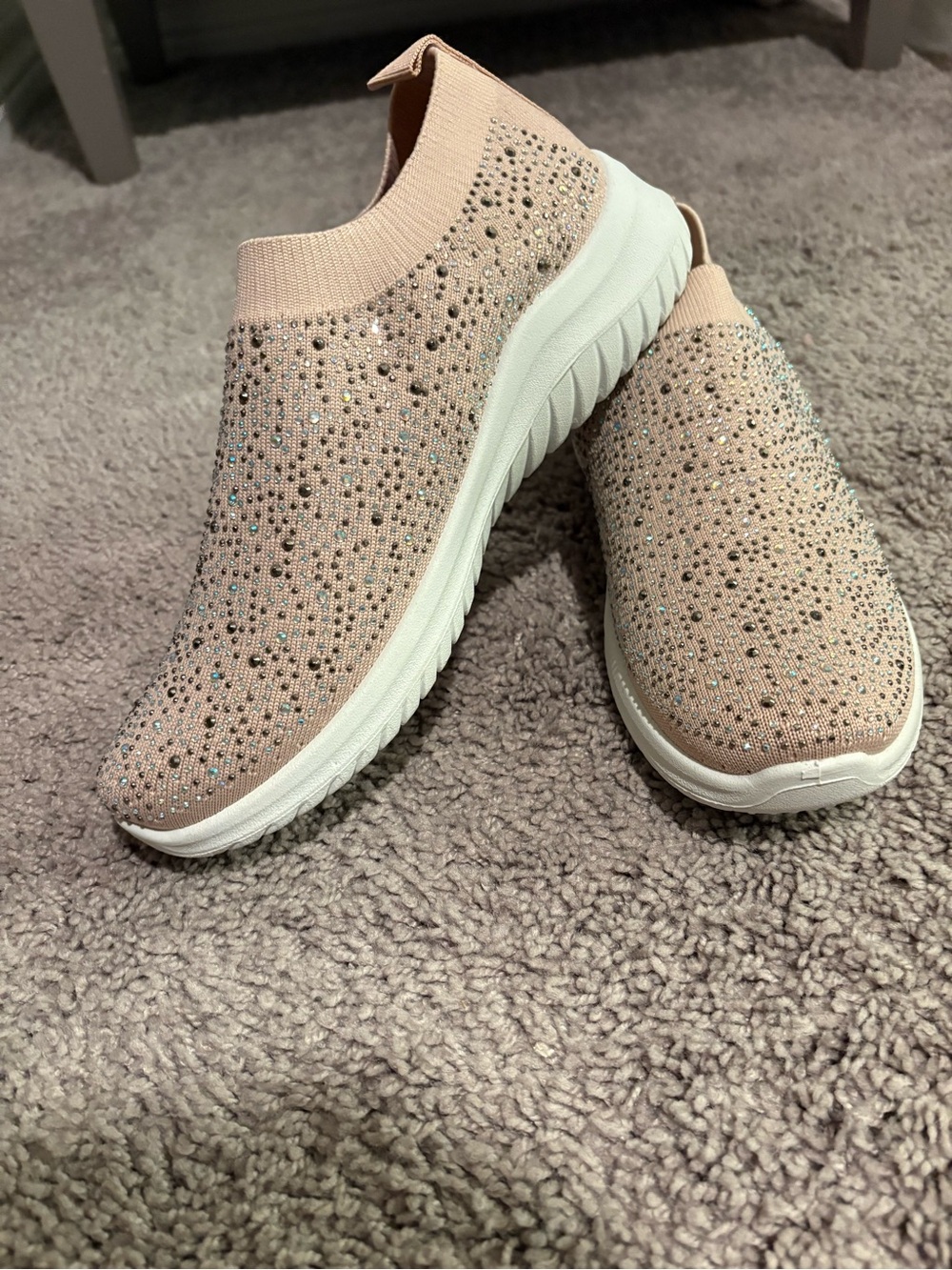 Slip-On Knit Walking Sneakers in Blush with Rhinestone Detail